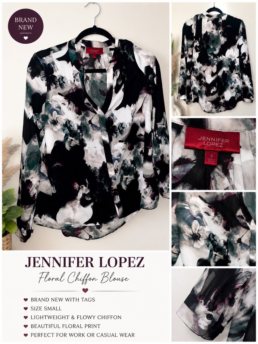 NWT Jennifer Lopez Black White & Green Floral Chiffon Blouse